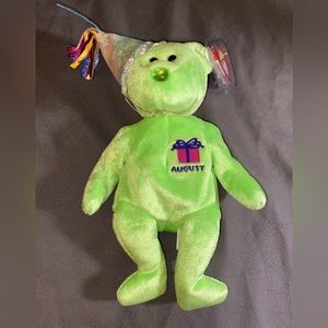 August Ty Beanie Babies Birthday Bear w/Tags Birthday Hat Mint Condition Green
